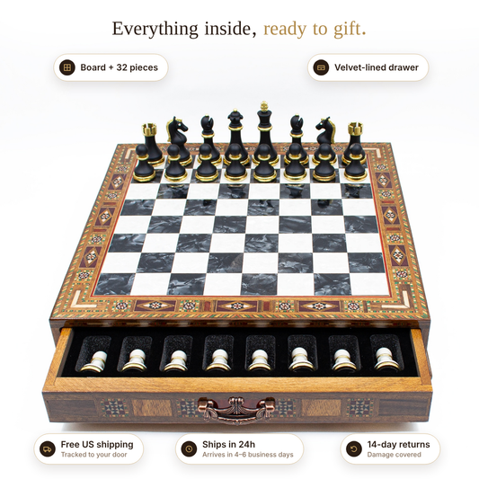 Luxury Chess Set with Drawer – Ivory & Black – what's included, shipping and returns