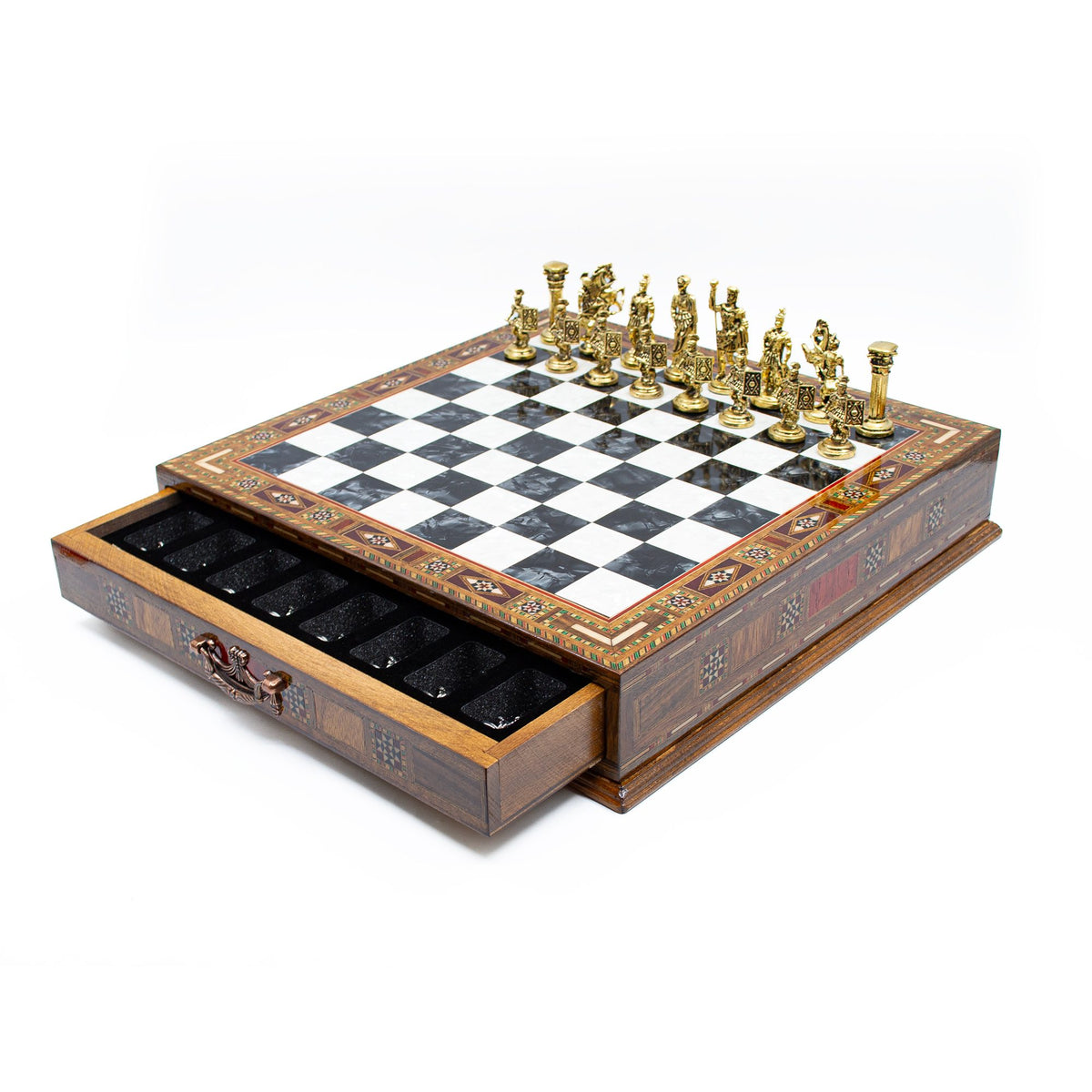 Roman Chess Set with Hidden Storage Drawer