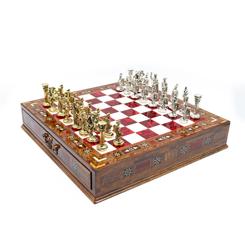 Roman Chess Set with Hidden Storage Drawer