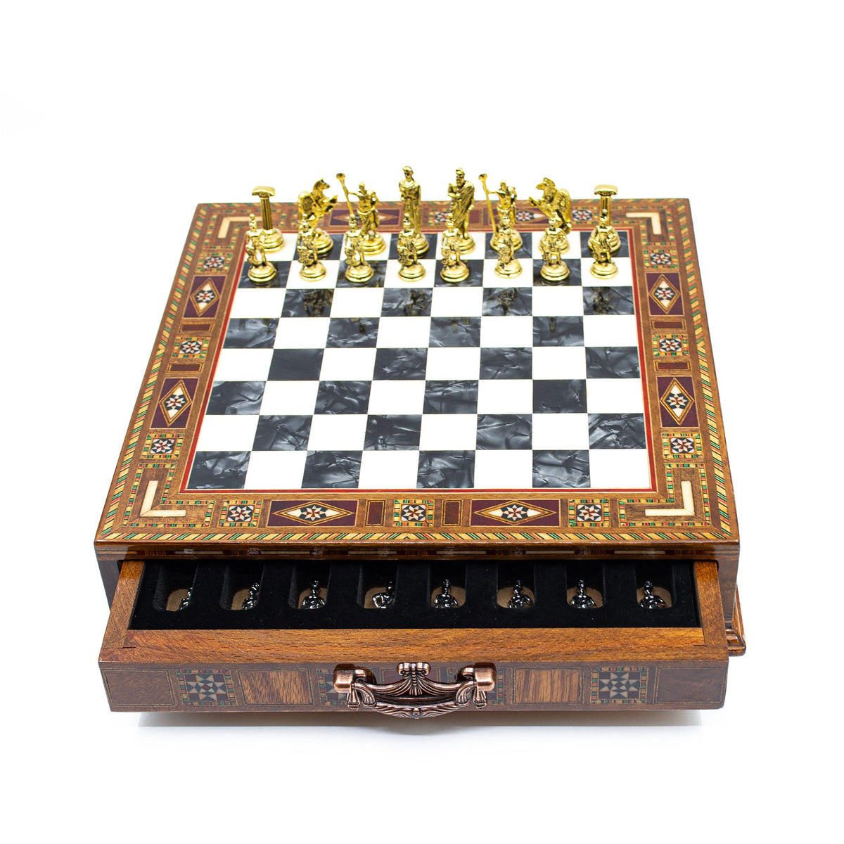 Roman Chess Set with Hidden Storage Drawer